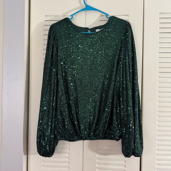 Flat White Sequin Crew Neck Top Green Size Large Party Cocktail Anthropologie - Picture 5 of 13